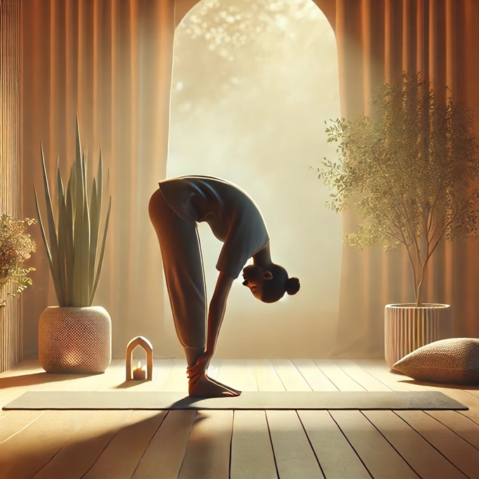 Person exploring the edge of a forward bend during mindful movement