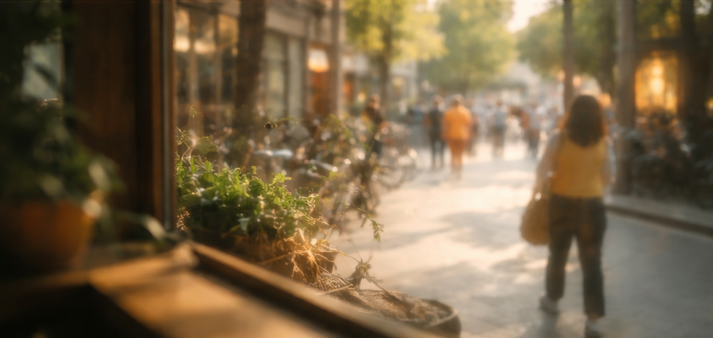 Everyday street scene with reflections and movement at the edges