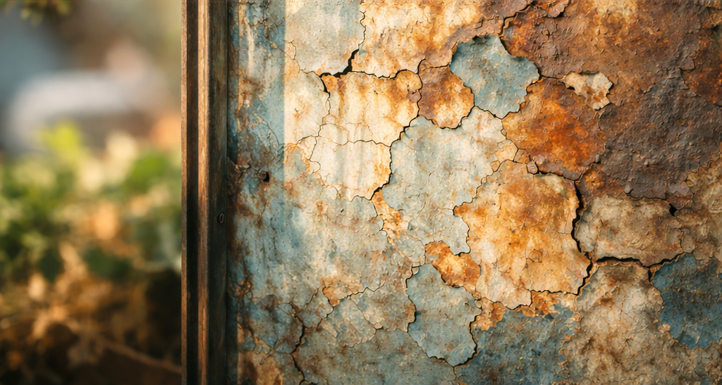 Close-up of peeling paint showing colour, texture, and pattern