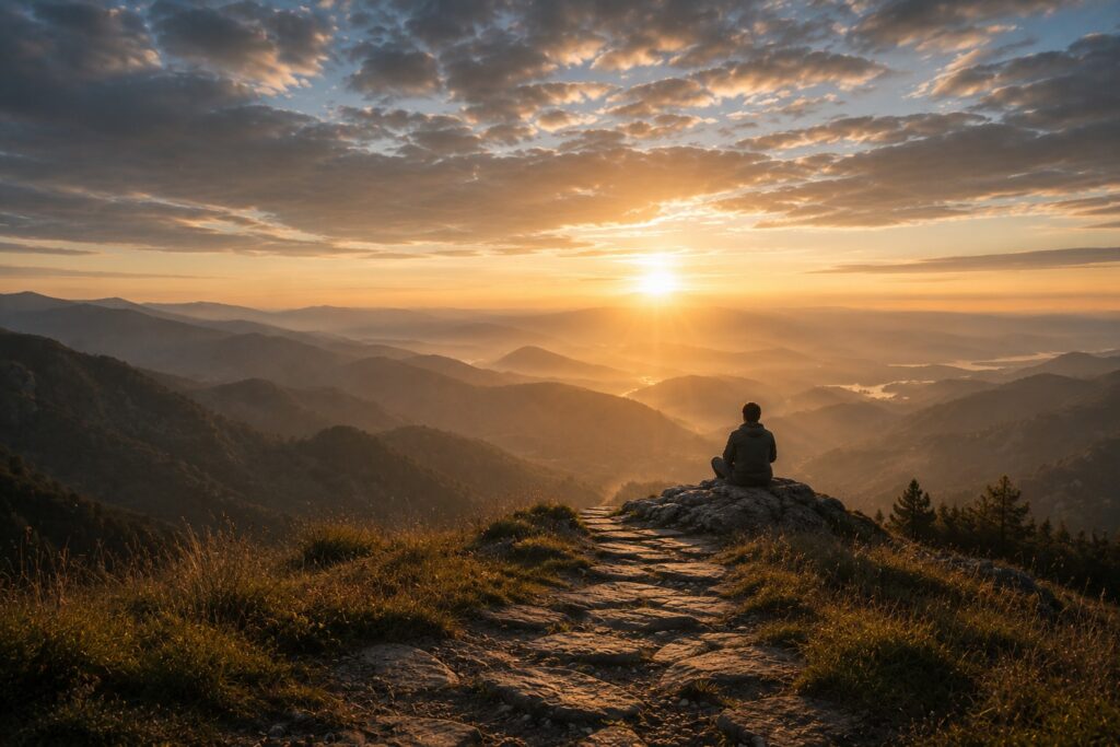 A lone figure sits on a rocky outcrop overlooking a vast mountain landscape at sunrise, contemplating the wider horizon.