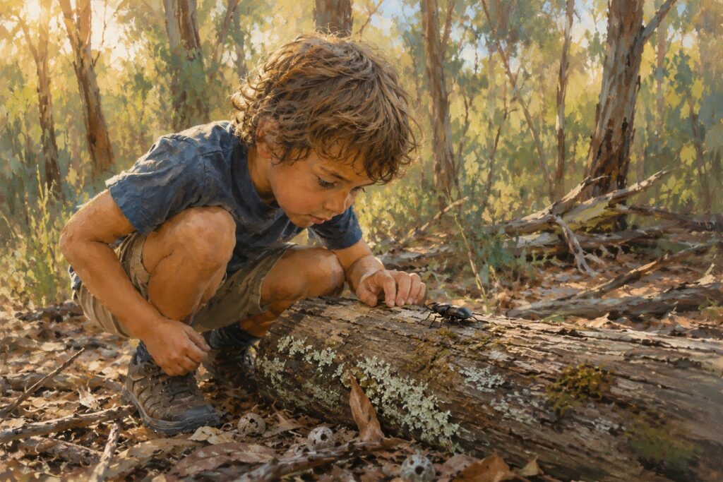 Young child completely absorbed in exploring a beetle in Australian bushland.