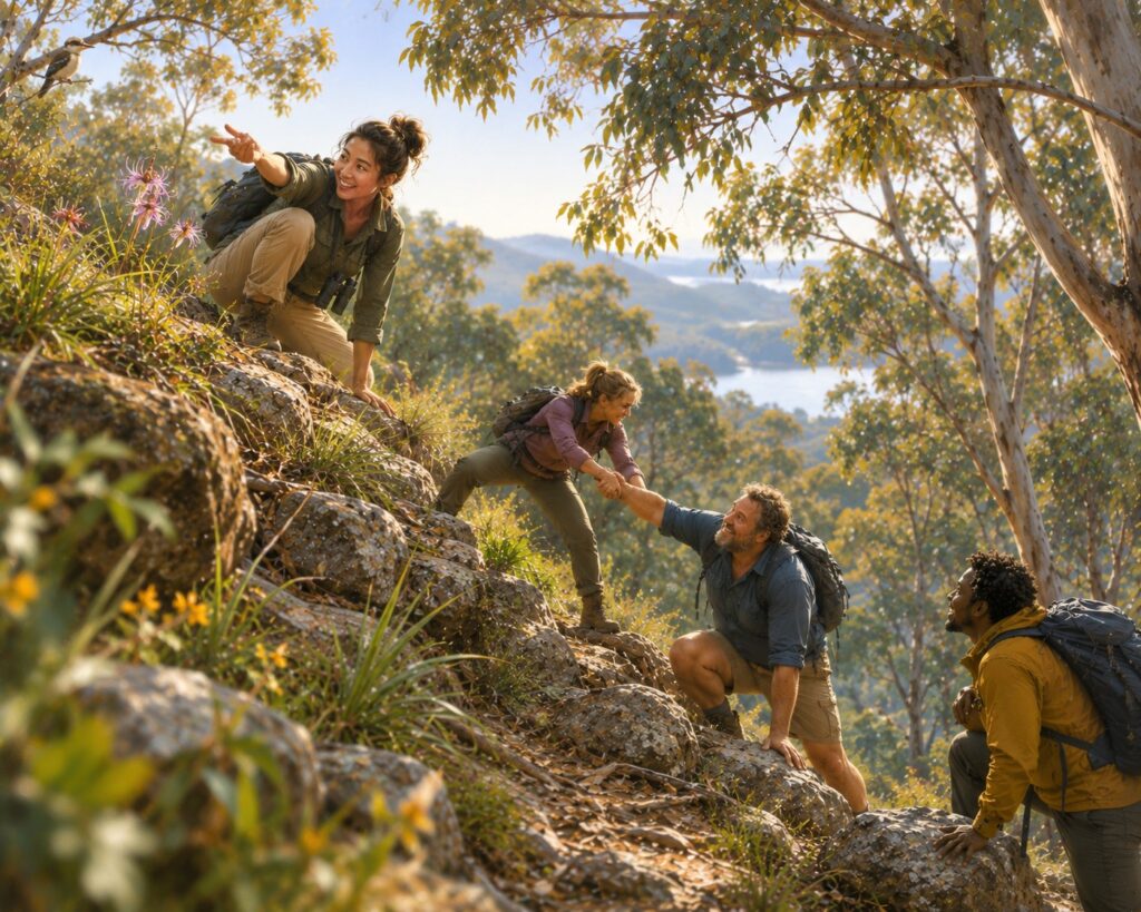 Four hikers in the Australian bush demonstrate curiosity, courage, compassion and humility as they pause to discover a wildflower while helping one another across difficult terrain.