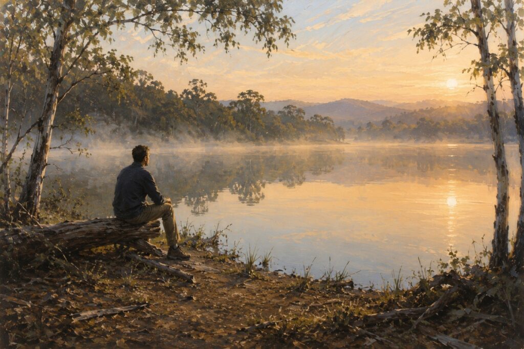 Person quietly sitting beside a still lake at dawn.