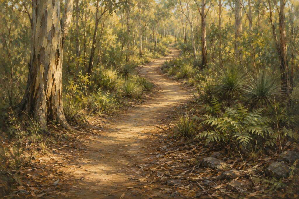 A well-worn walking track through Australian bushland.
