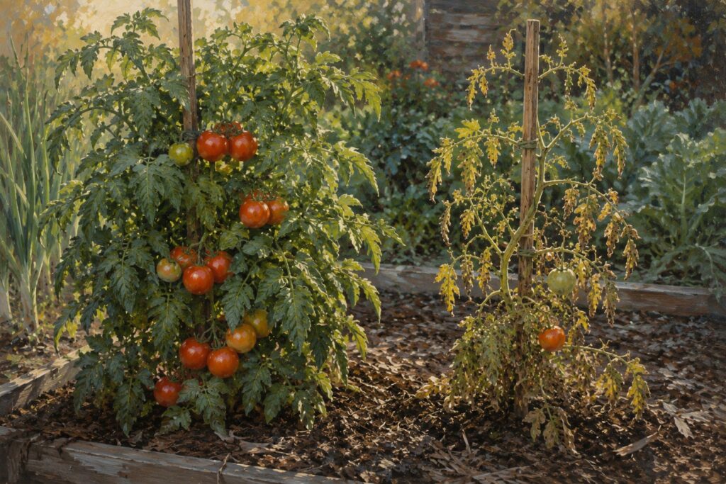 Two tomato plants growing side by side, one flourishing and one struggling.