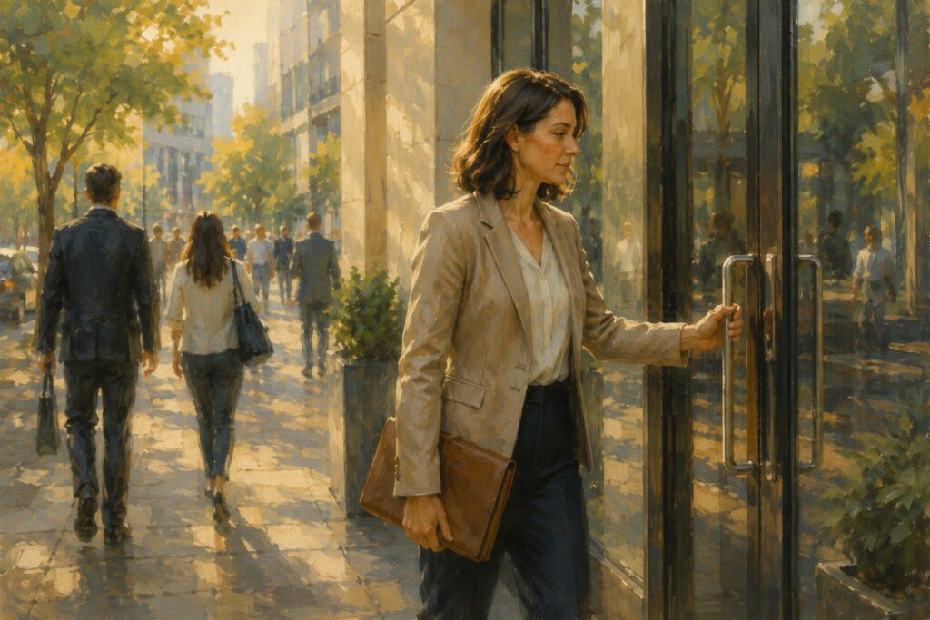 Professional pausing briefly before entering an office building