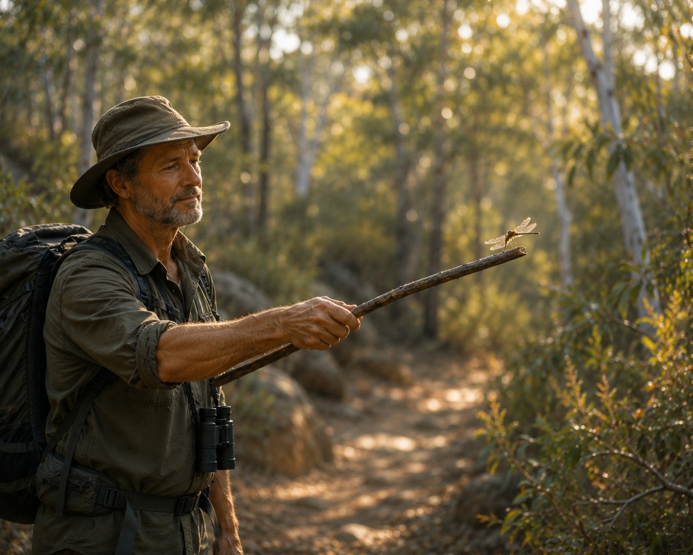 Bushwalker noticing a dragonfly that has unexpectedly landed on his walking stick