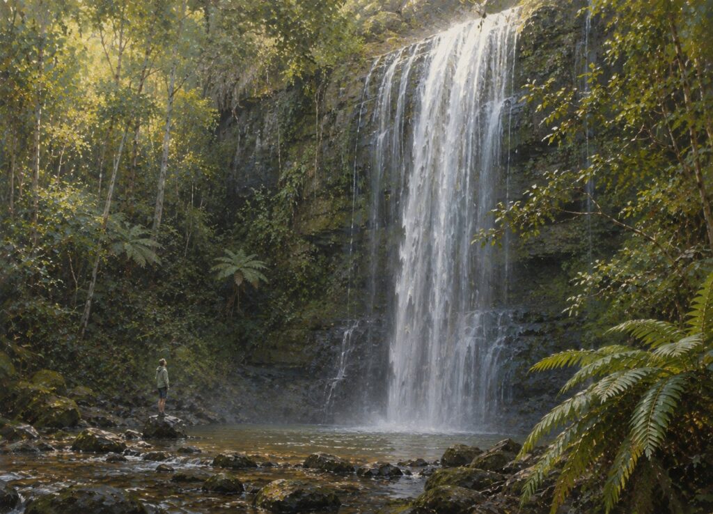 Forest waterfall representing awe and the first glimpses of open awareness.