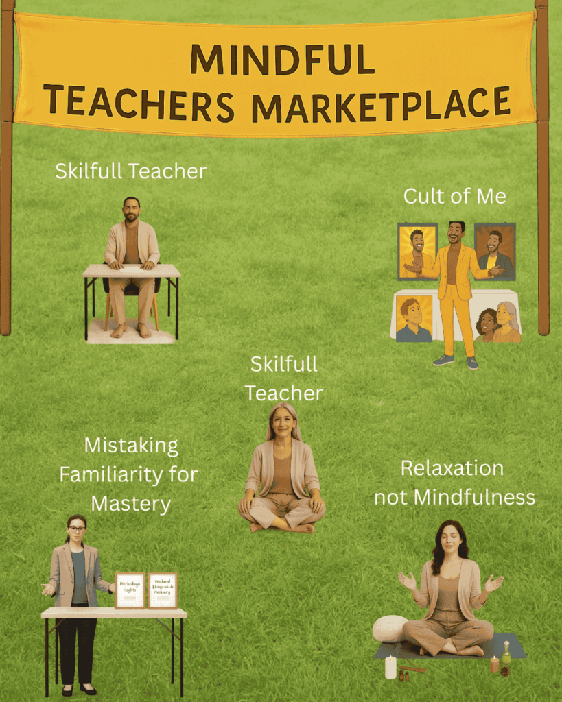 Illustration showing how to choose a skilled mindfulness teacher and avoid common red flags.
