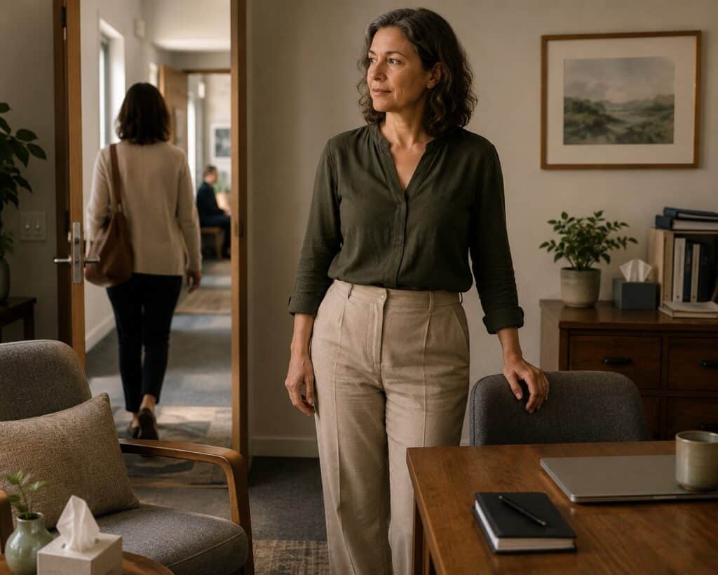 Professional pausing for a Mindful Check-In and Transition after one client leaves and before the next arrives