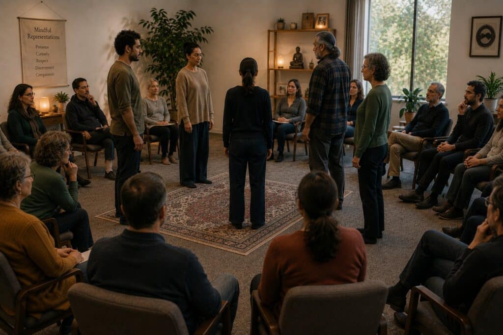 Participants observing a Mindful Representation from the holding circle while representatives explore relationships in the centre