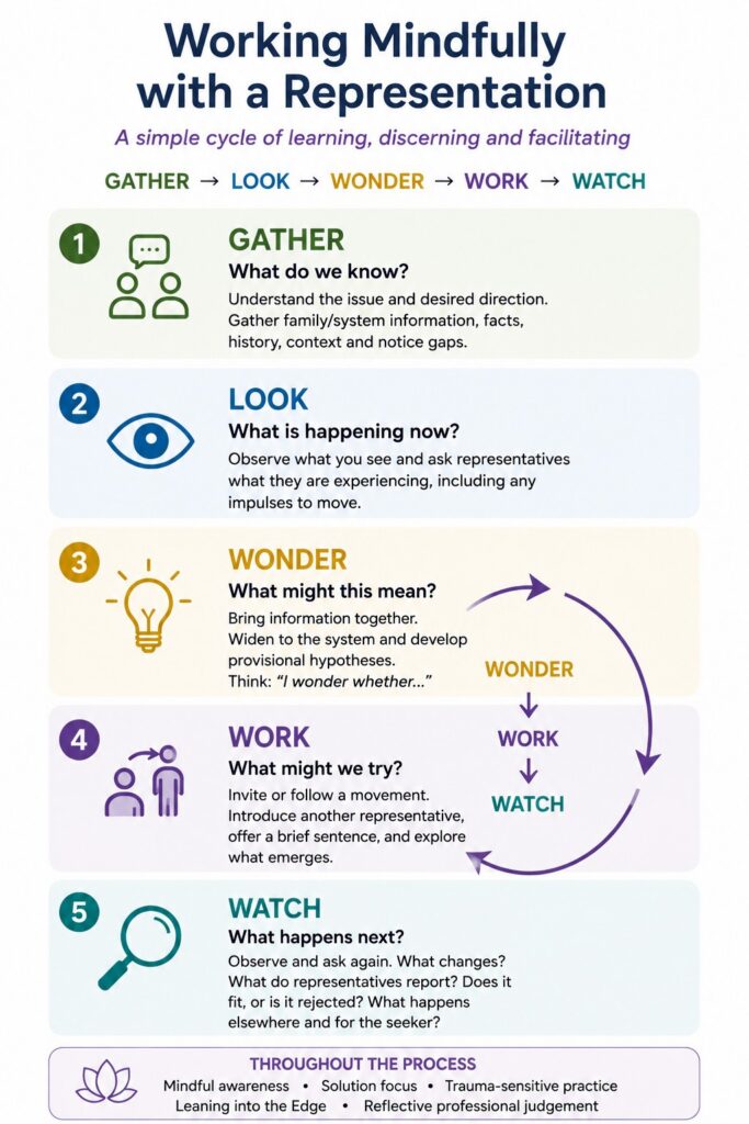 Working Mindfully with a Representation learning process: Gather, Look, Wonder, Work and Watch