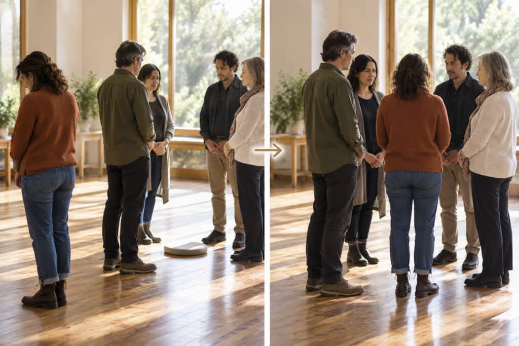 A previously excluded person moving towards an open place within a family representation.