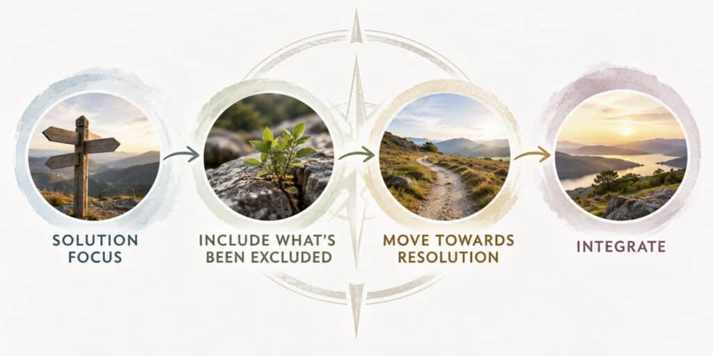 Mindful Representations Resolution Compass: Solution Focus, Include What's Been Excluded, Move Towards Resolution and Integrate.