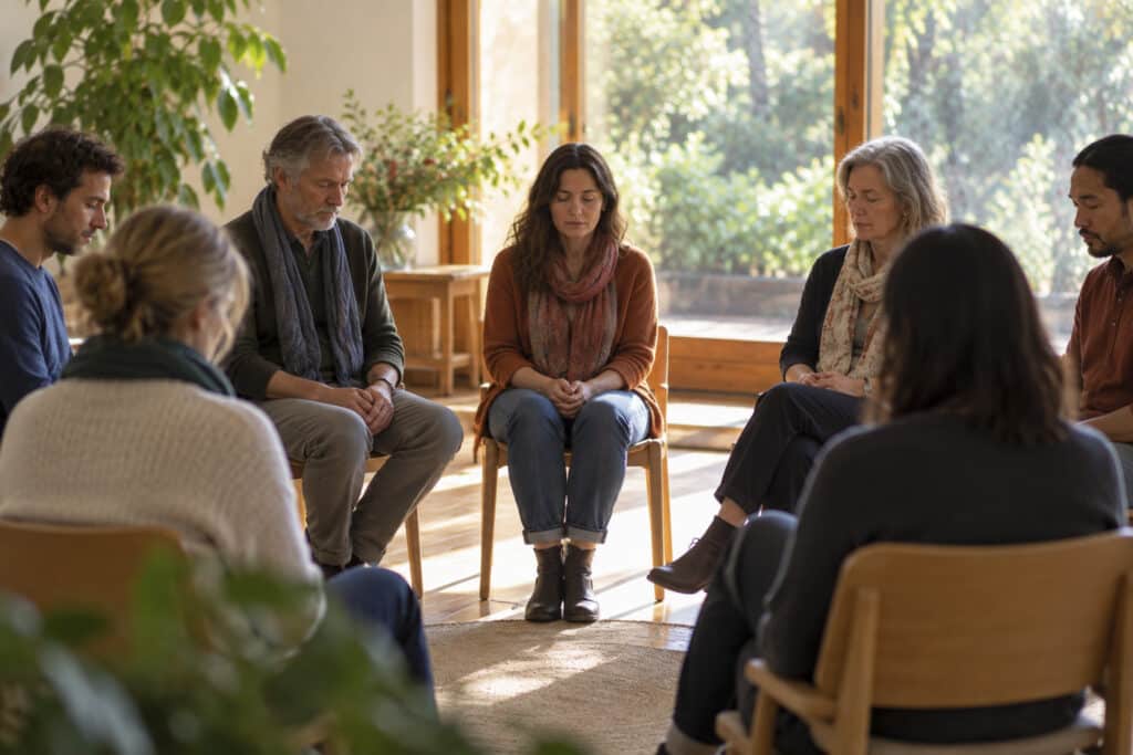 Facilitator, seeker and holding circle quietly tuning into themselves before the pre-representation interview.